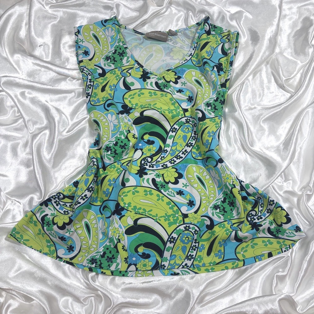 y2k Croft & Barrow Tank Top Green Excellent Paisley Floral V-Neck Sleeveless L